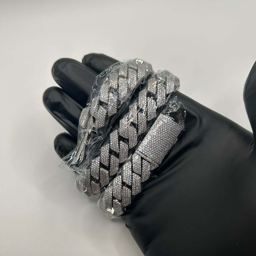 Moissanite Iced Out 4 Row Miami Cuban Chain Silver 15mm 18 Inch New VVS1 Women
